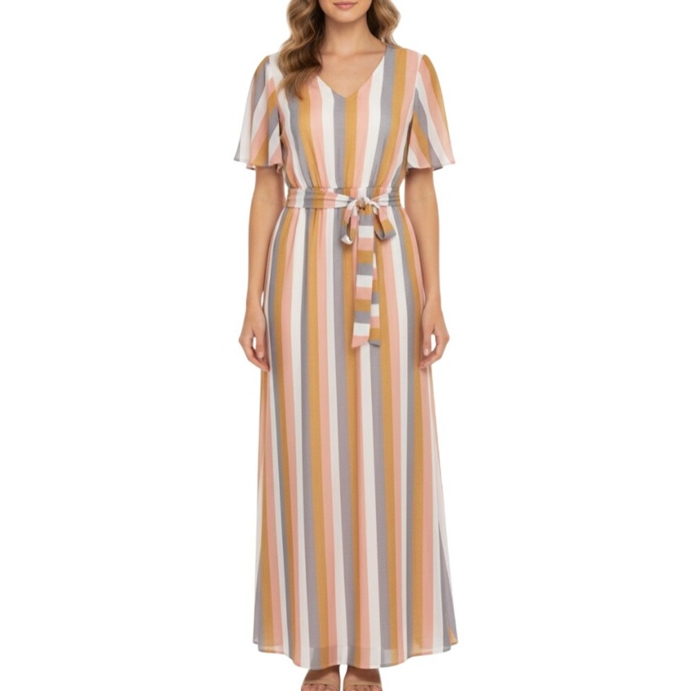 ORANGE CREEK Cute LINED CHIFFON Multicolor STRIPED TIE BELT Blouson Maxi Dress M
